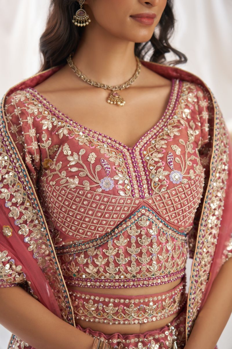 Rose gold Bridel net and Gotapatti & Moti embroidery Semi-Stitched Lehenga choli & Dupatta