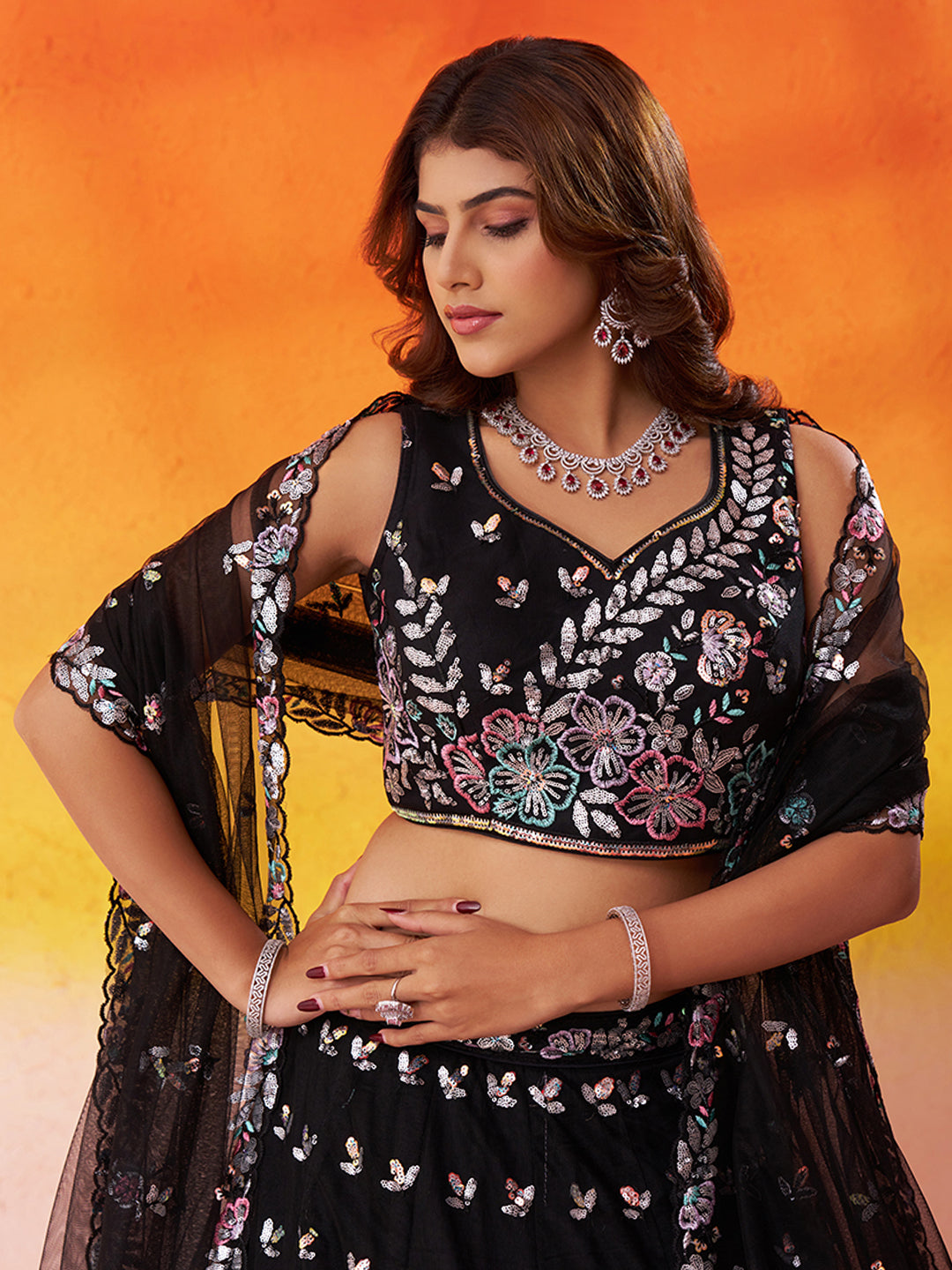 BLACK - Net Fabric Sequins Thread & Embroidery Lehenga & Unstitched Blouse With Dupatta