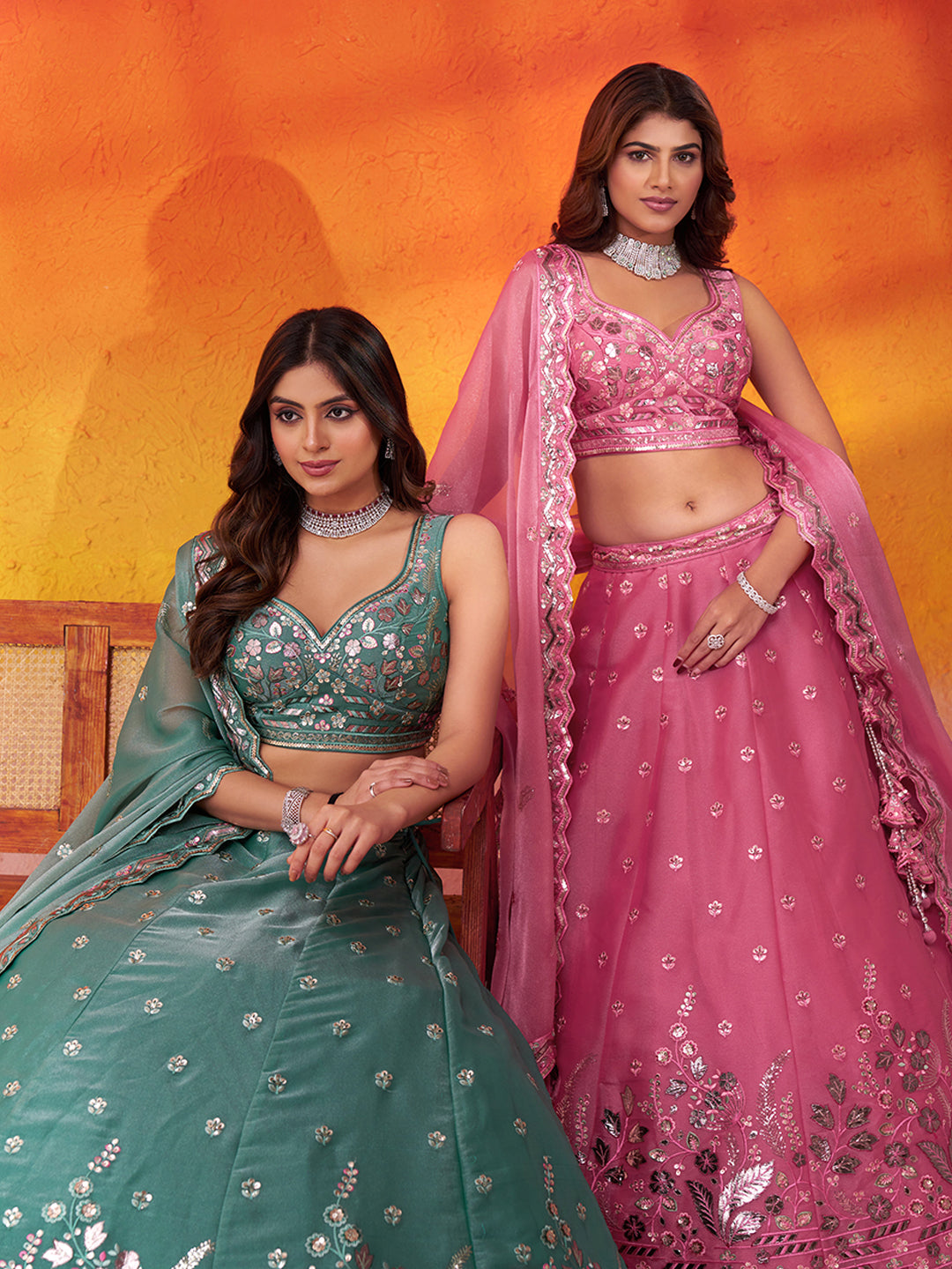 PINK - Organza Fabric Sequins & Embroidery Lehenga & Unstitched Blouse With Dupatta