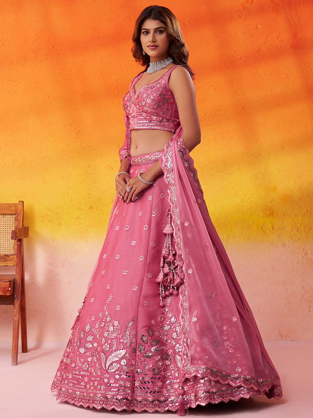 PINK - Organza Fabric Sequins & Embroidery Lehenga & Unstitched Blouse With Dupatta
