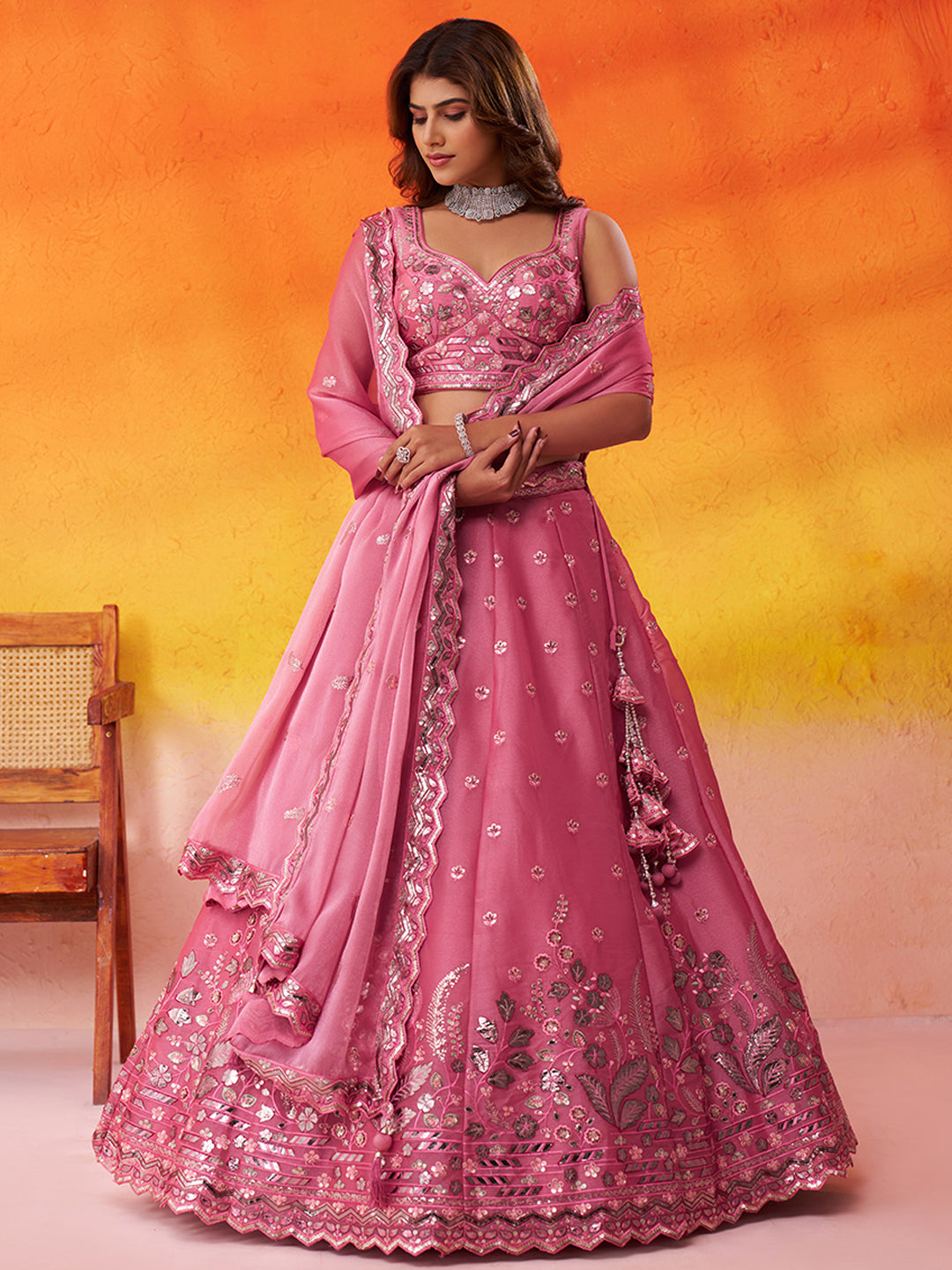 PINK - Organza Fabric Sequins & Embroidery Lehenga & Unstitched Blouse With Dupatta