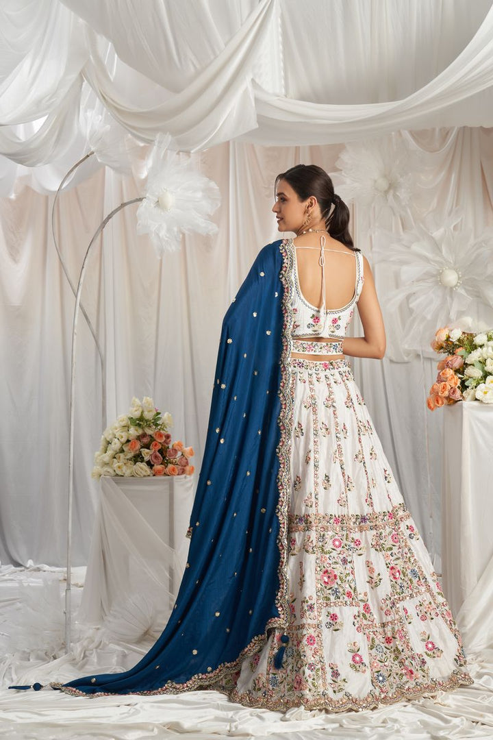 Beautiful Navyblue and White Pure Georgette Lehenga with Sequins, Moti, Mirror, and Thread Embroidery