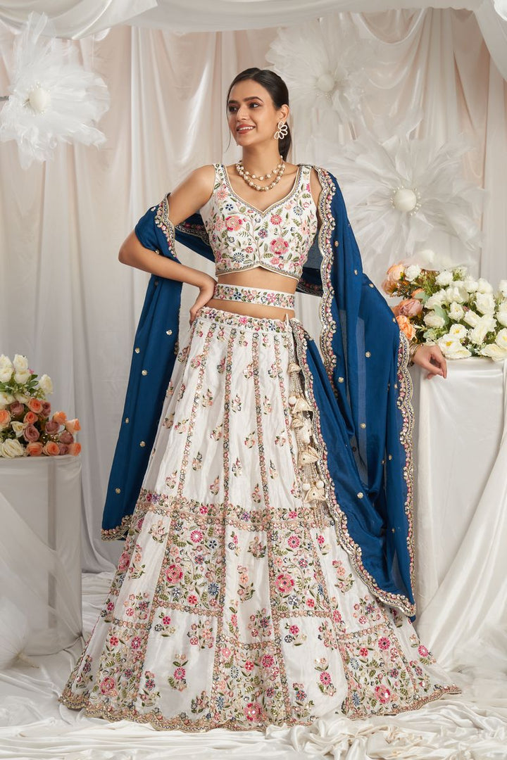 Navyblue and white pure georgette lehenga with sequins embroidery