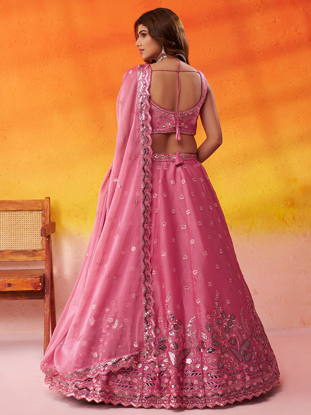 PINK - Organza Fabric Sequins & Embroidery Lehenga & Unstitched Blouse With Dupatta