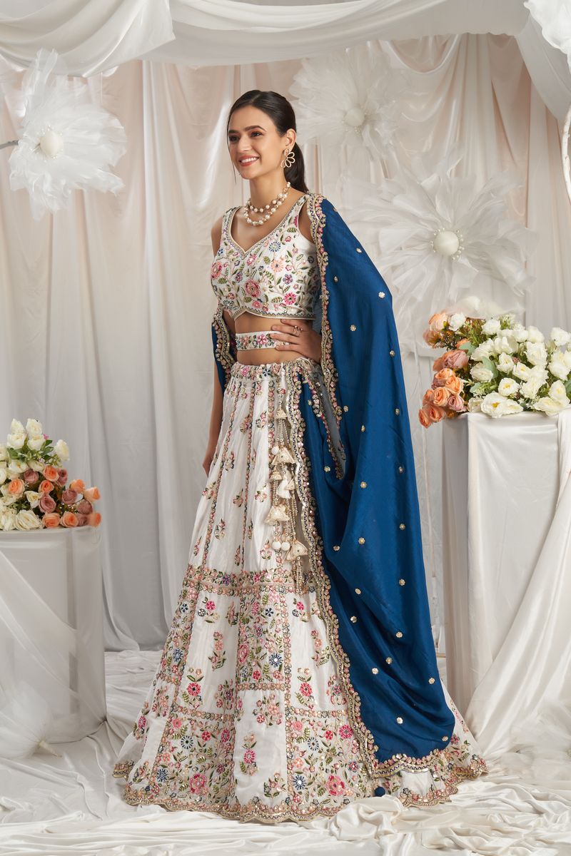 Elegant navyblue and white lehenga with moti detailing