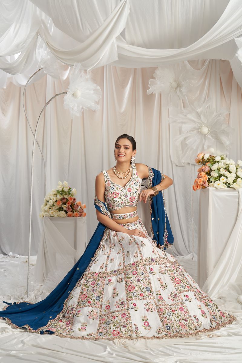 Semi-stitched lehenga with mirror and thread embroidery