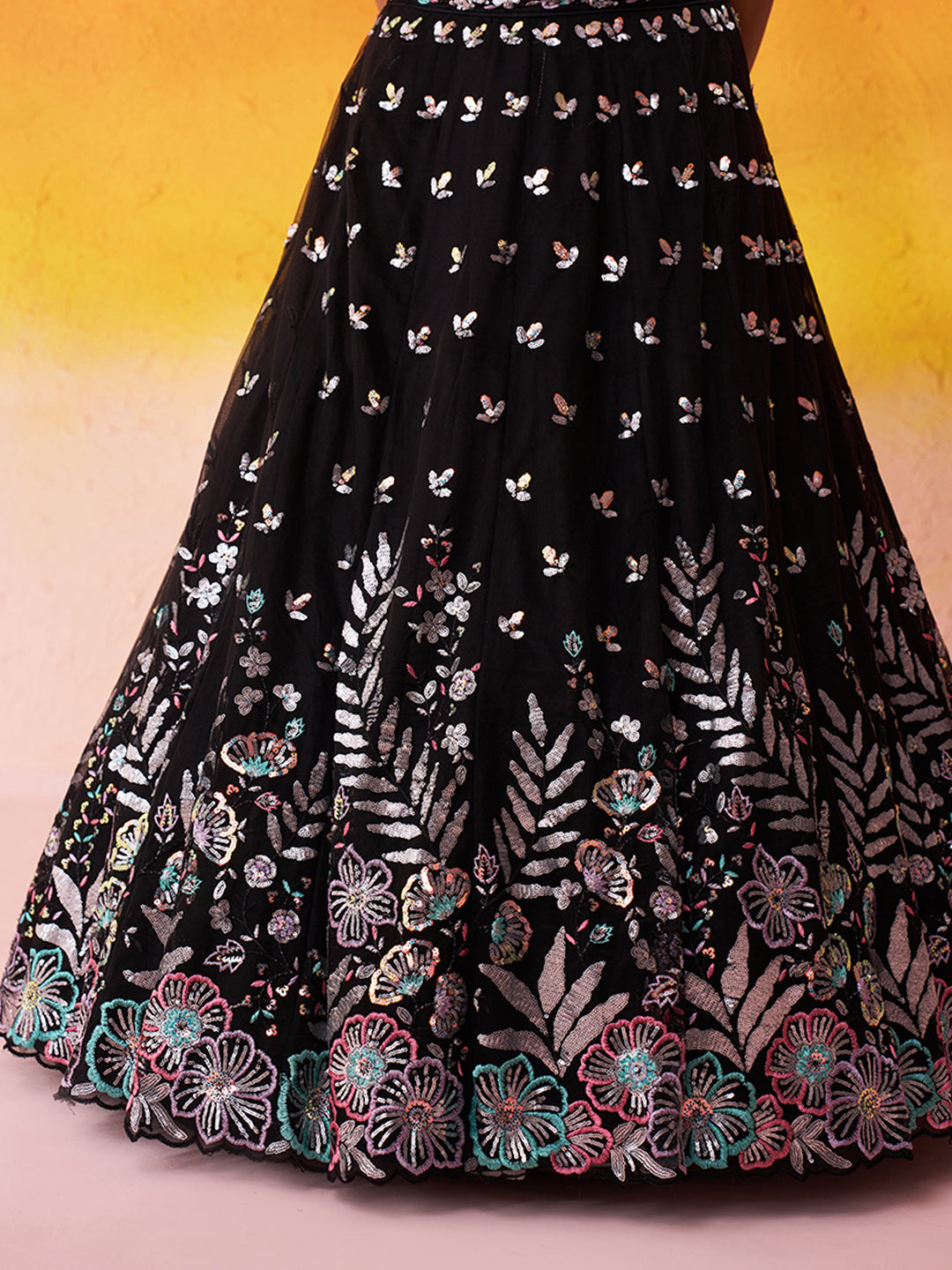 BLACK - Net Fabric Sequins Thread & Embroidery Lehenga & Unstitched Blouse With Dupatta