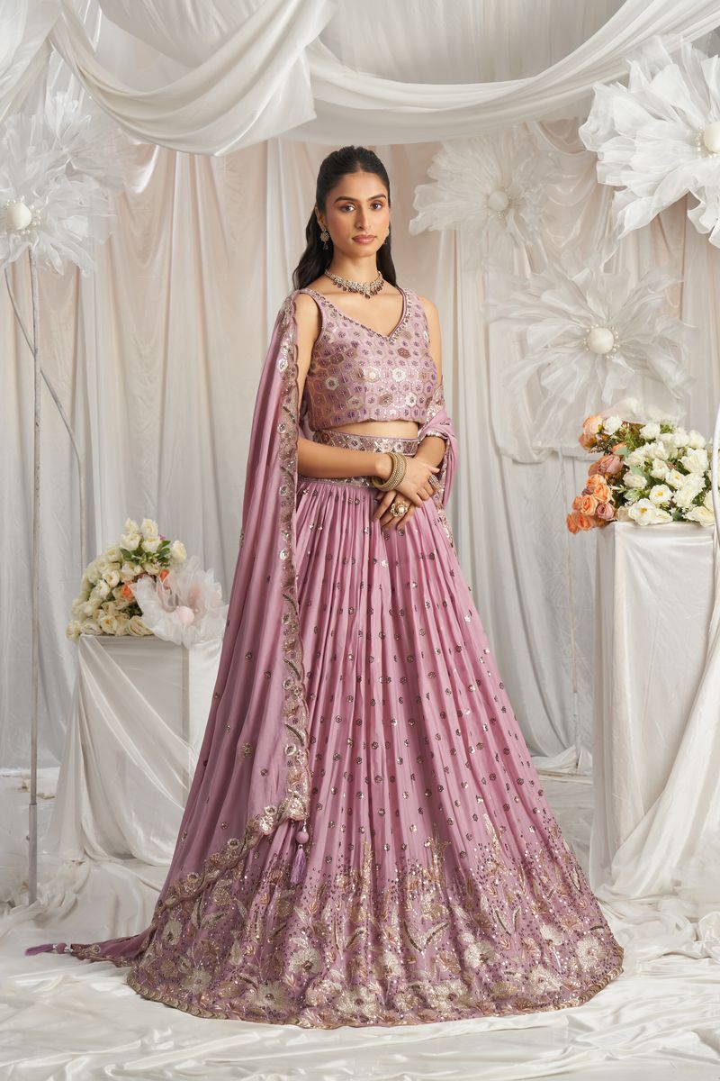 Elegant semi-stitched lavender lehenga choli with intricate sequin work