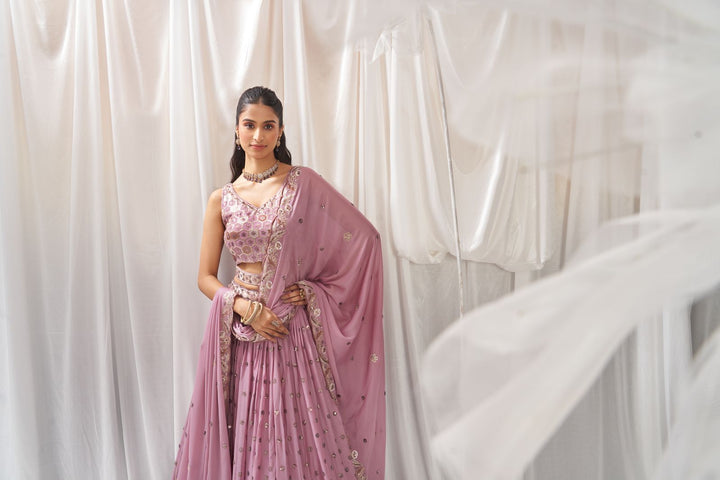 Exquisite lavender Georgette lehenga choli featuring intricate sequin embroidery