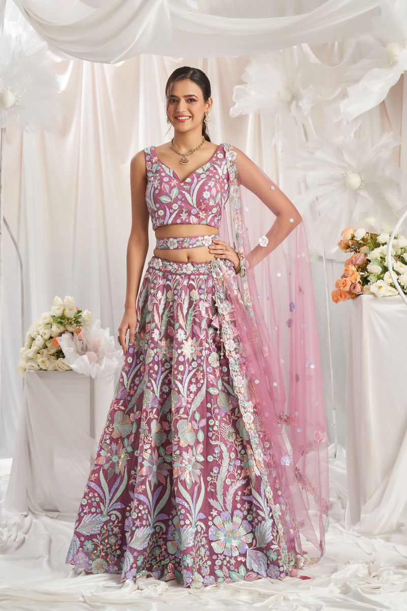 Rose gold Net Sequins embroidery Semi-Stitched Lehenga choli & Dupatta