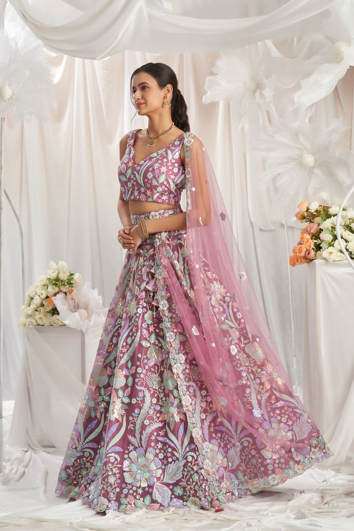 Rose gold Net Sequins embroidery Semi-Stitched Lehenga choli & Dupatta