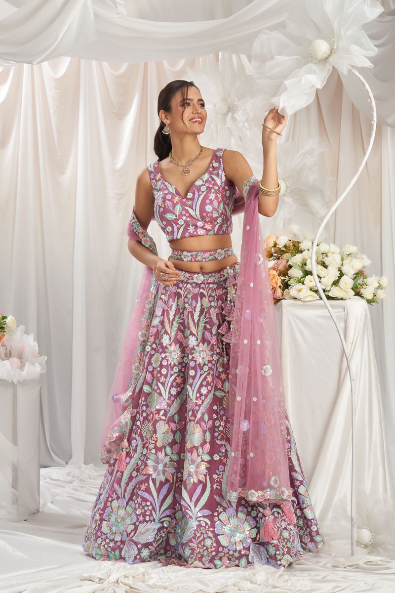 Rose gold Net Sequins embroidery Semi-Stitched Lehenga choli & Dupatta