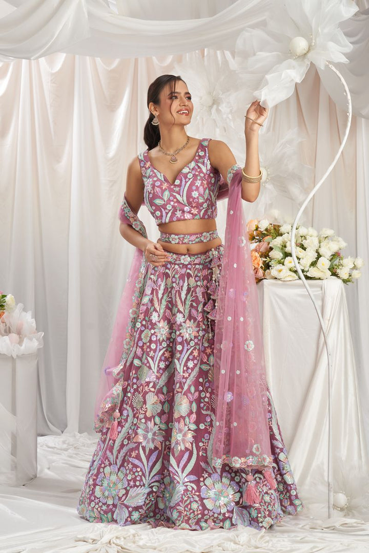 Rose gold Net Sequins embroidery Semi-Stitched Lehenga choli & Dupatta