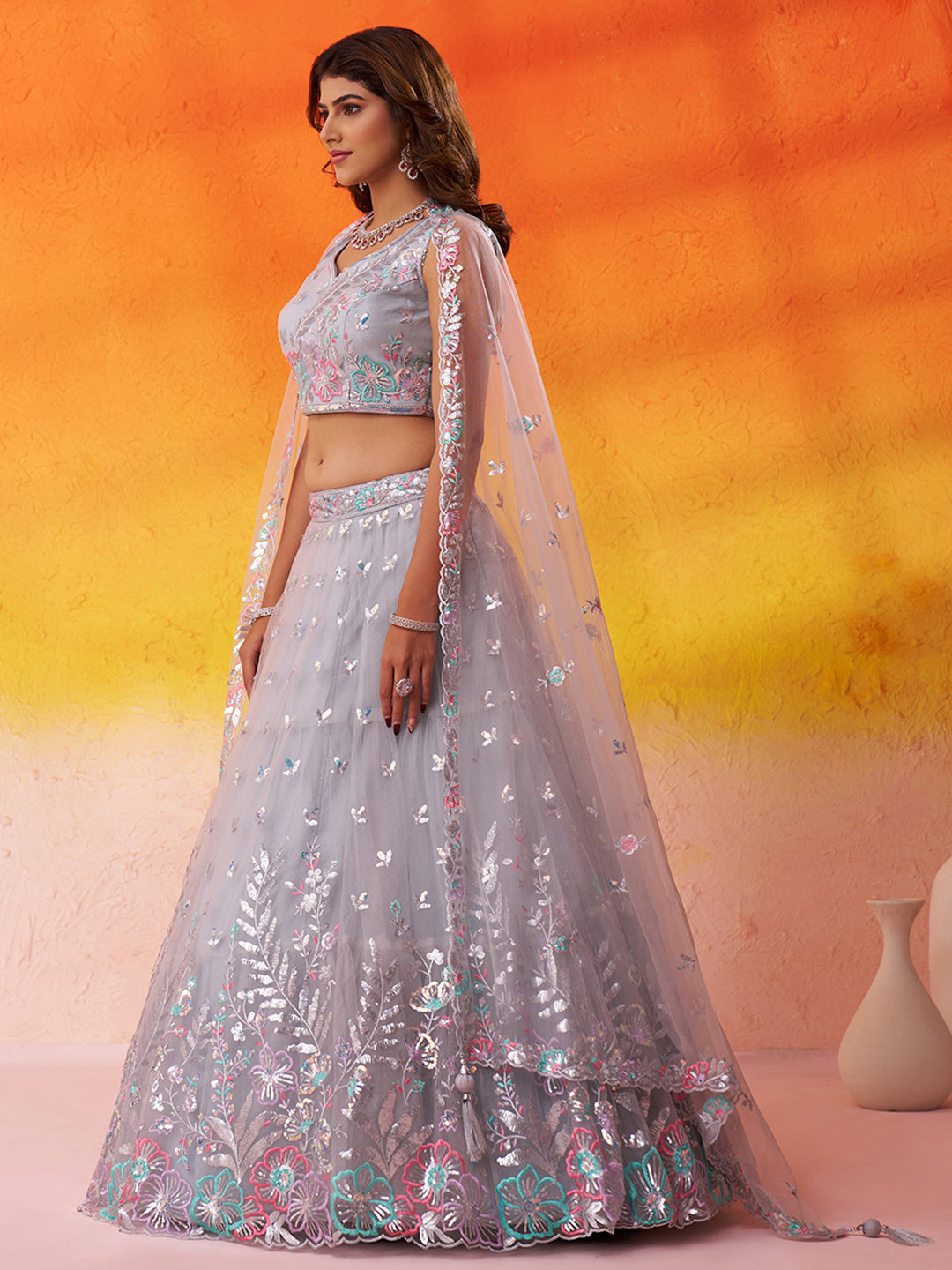 GREY - Net Fabric Sequins Thread & Embroidery Semi-Stitched Lehenga & Unstitched Blouse With Dupatta