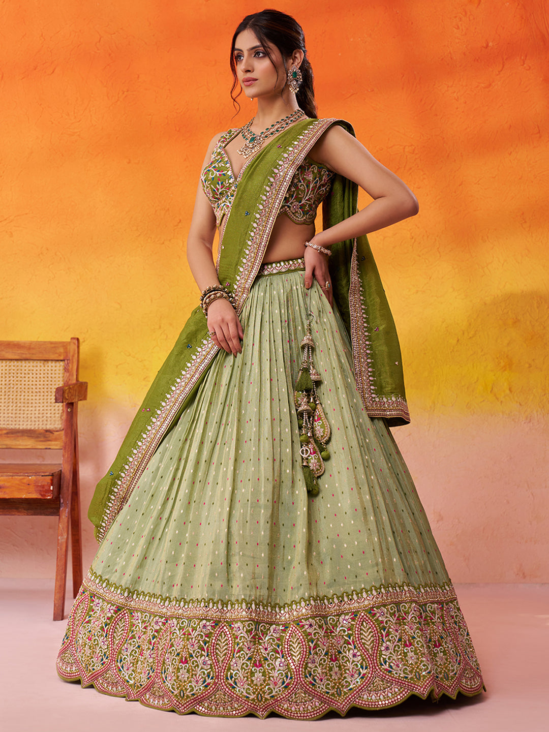 LIMEGREEN - Jacquard Tissue Sequins Thread Lehenga & Unstitched Blouse With Dupatta