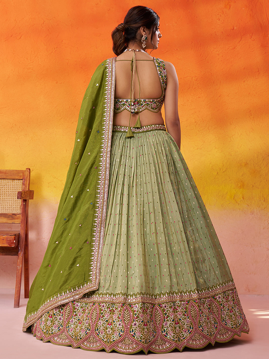 LIMEGREEN - Jacquard Tissue Sequins Thread Lehenga & Unstitched Blouse With Dupatta