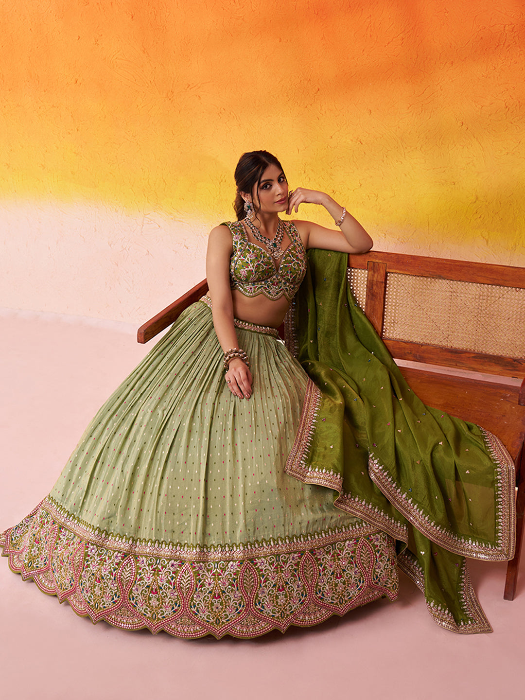 LIMEGREEN - Jacquard Tissue Sequins Thread Lehenga & Unstitched Blouse With Dupatta