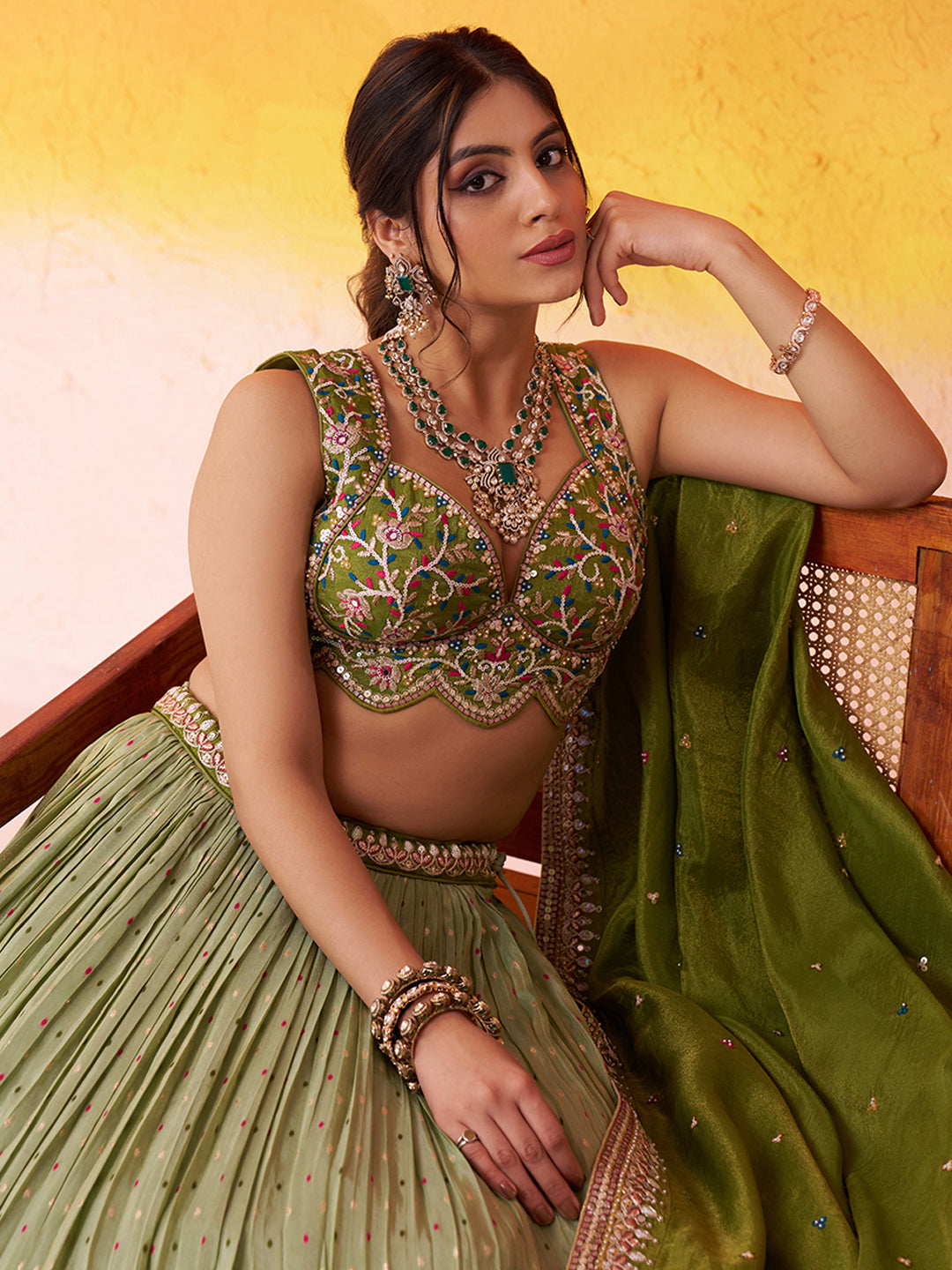 LIMEGREEN - Jacquard Tissue Sequins Thread Lehenga & Unstitched Blouse With Dupatta