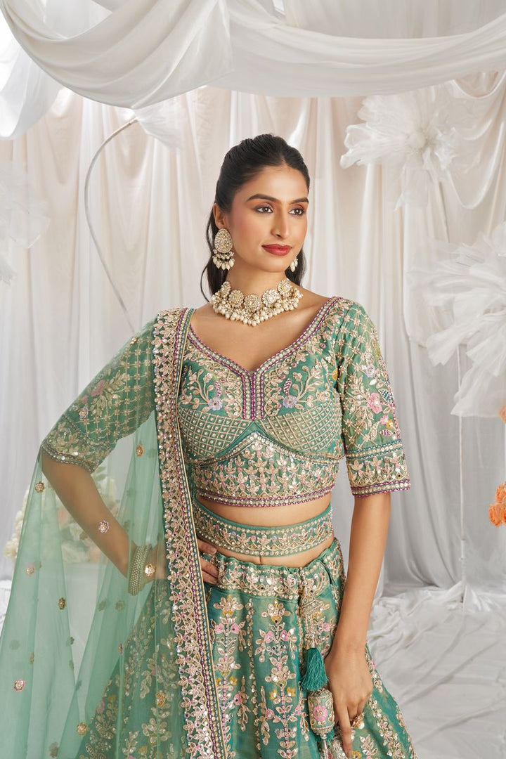 Sea Green Bridel net and Gotapatti & Moti embroidery Semi-Stitched Lehenga choli & Dupatta