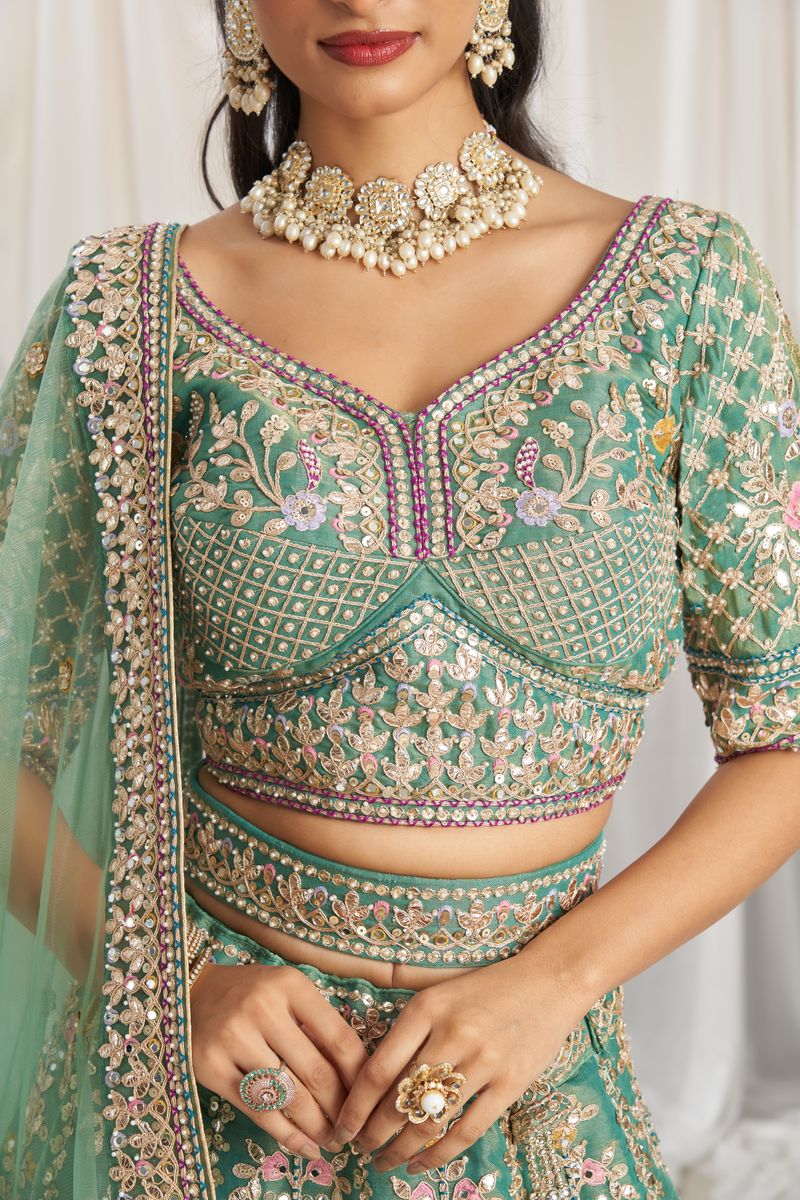 Sea Green Bridel net and Gotapatti & Moti embroidery Semi-Stitched Lehenga choli & Dupatta