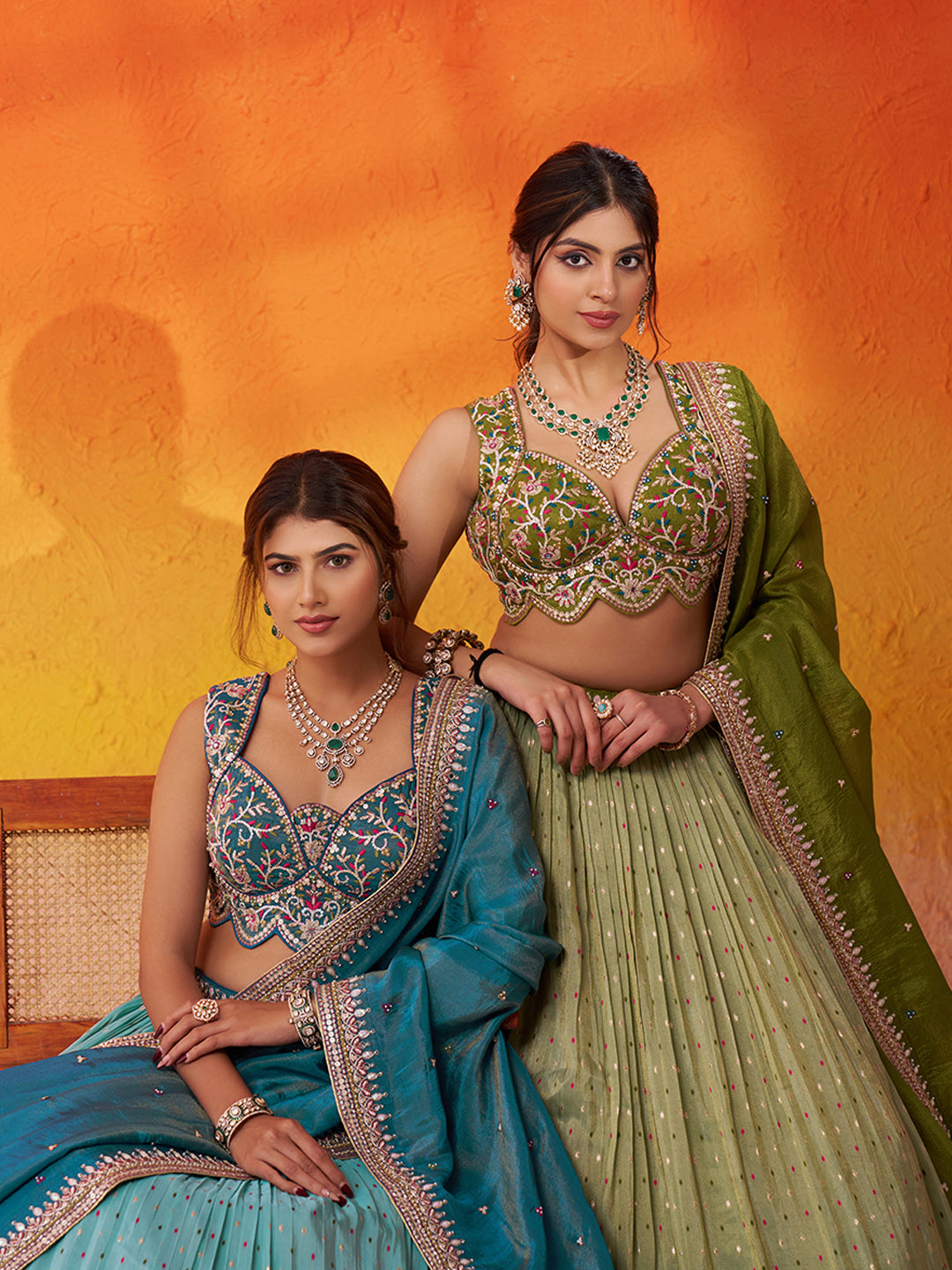 LIMEGREEN - Jacquard Tissue Sequins Thread Lehenga & Unstitched Blouse With Dupatta