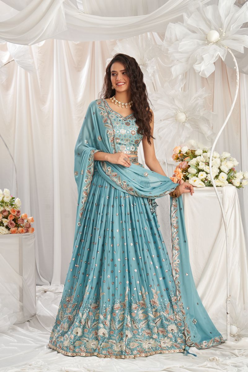 Turquoise blue Georgette Sequin embroidery Lehenga choli & Dupatta set