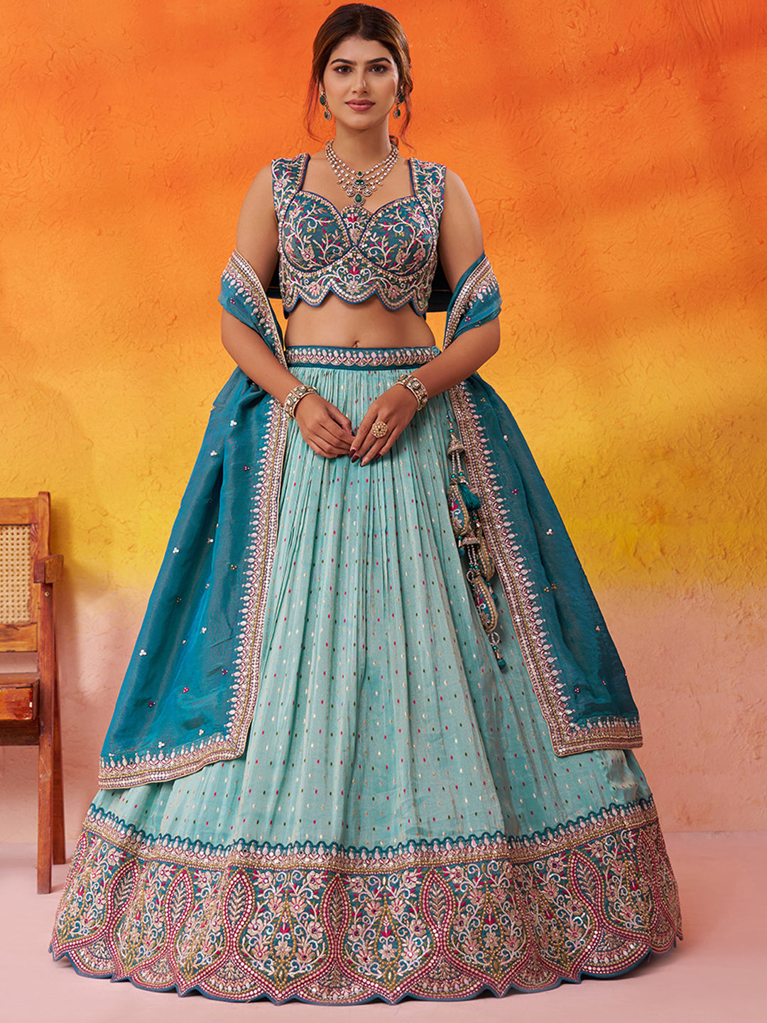TURQUOISEBLUE - Jacquard Tissue Sequins Thread Lehenga & Unstitched Blouse With Dupatta