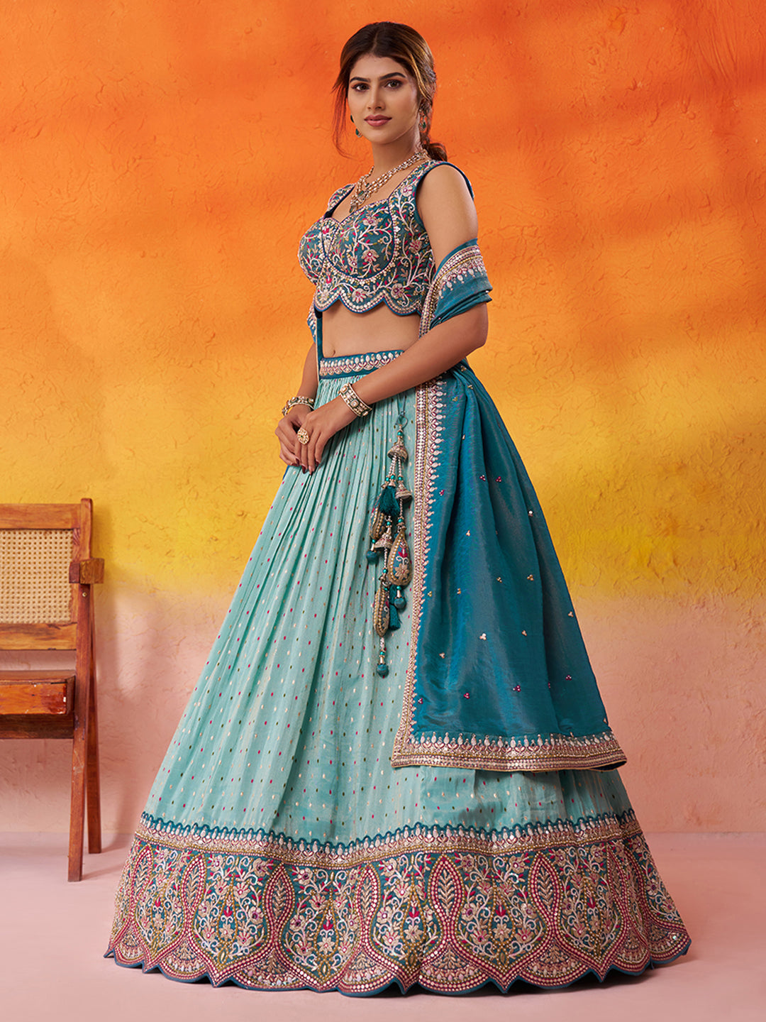 TURQUOISEBLUE - Jacquard Tissue Sequins Thread Lehenga & Unstitched Blouse With Dupatta