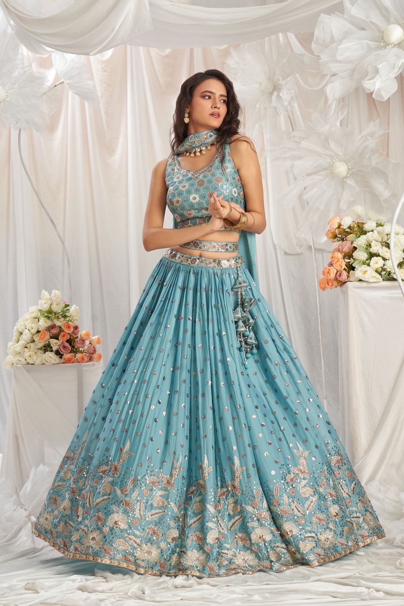 Elegant semi-stitched Lehenga choli in stunning turquoise blue color