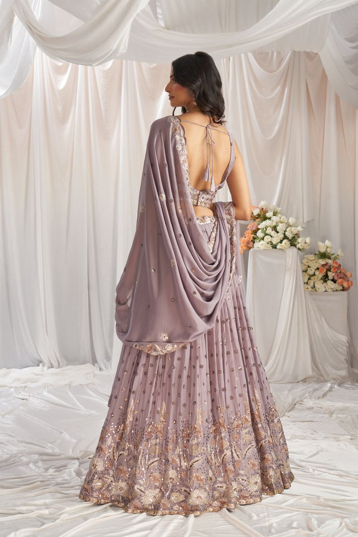 Stunning mauve Georgette lehenga choli and dupatta set with sequin embroidery