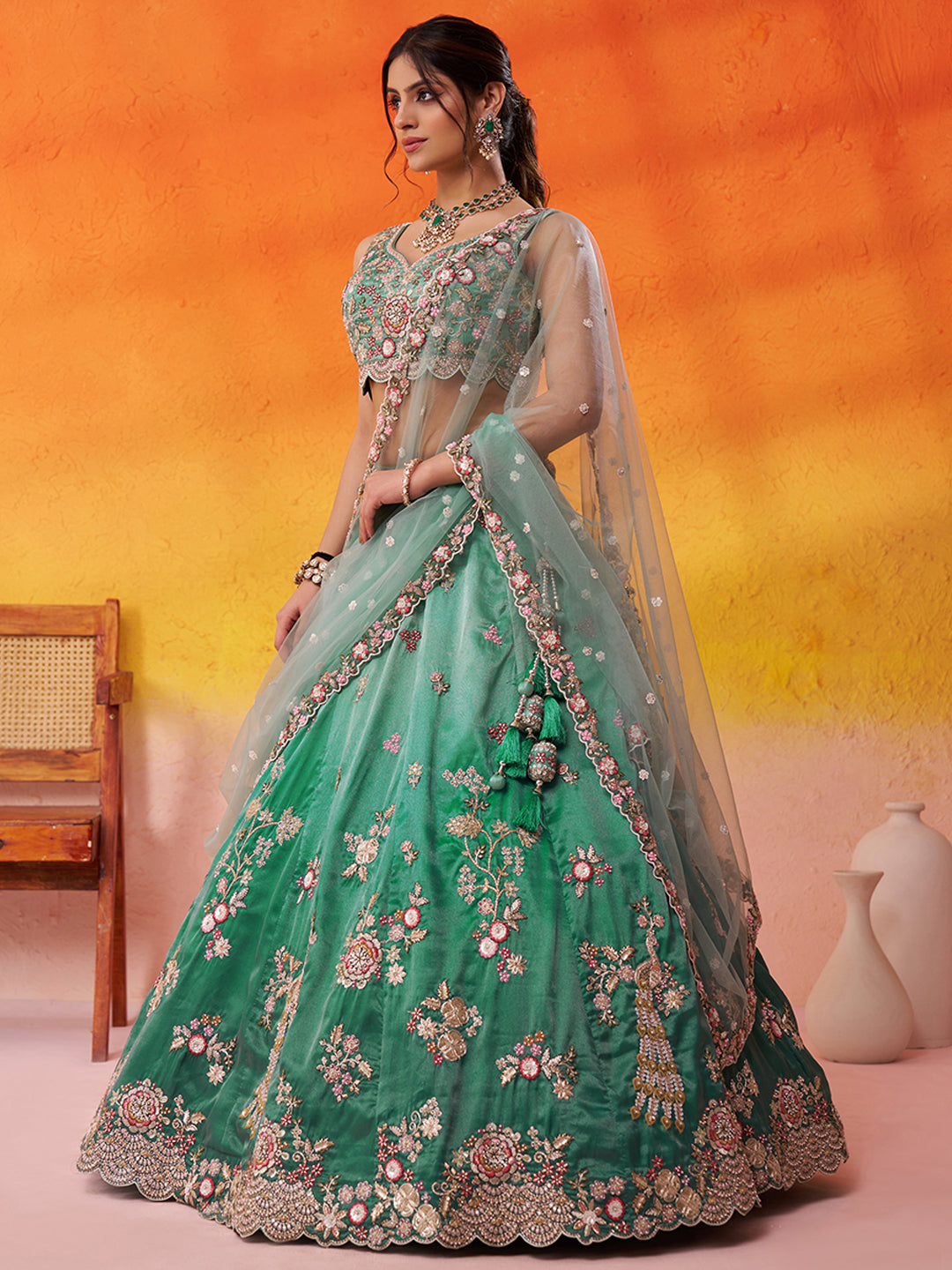 GREEN - Tissue Fabric Sequins embroidery Lehenga & Unstitched Blouse With Dupatta