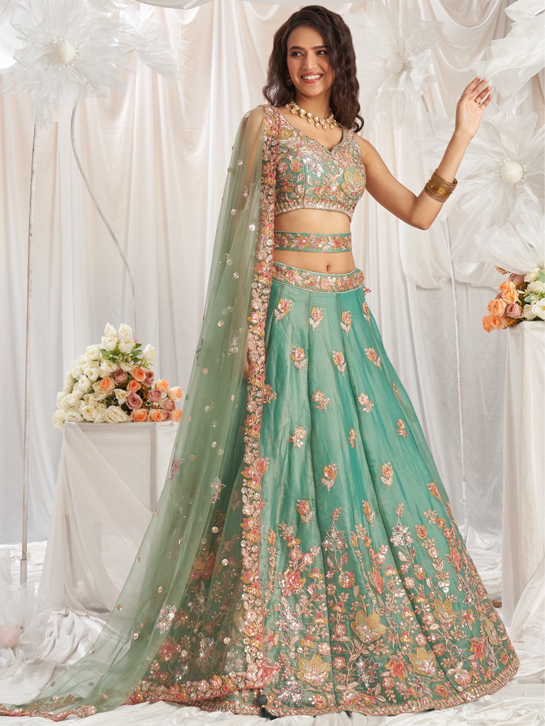 Limegreen - Organza Patch type work Embroidered Using Golden Color Sequin,Multi-Thread Lehenga Choli