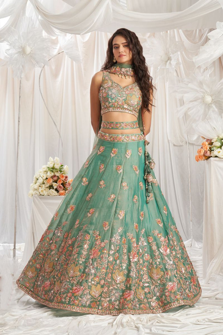  Dupatta of lime green Organza Sequins embroidery Lehenga choli with delicate embroidery and scalloped edges