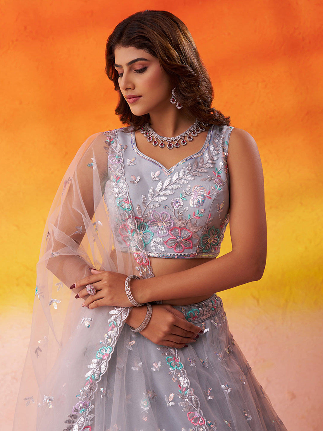 GREY - Net Fabric Sequins Thread & Embroidery Semi-Stitched Lehenga & Unstitched Blouse With Dupatta