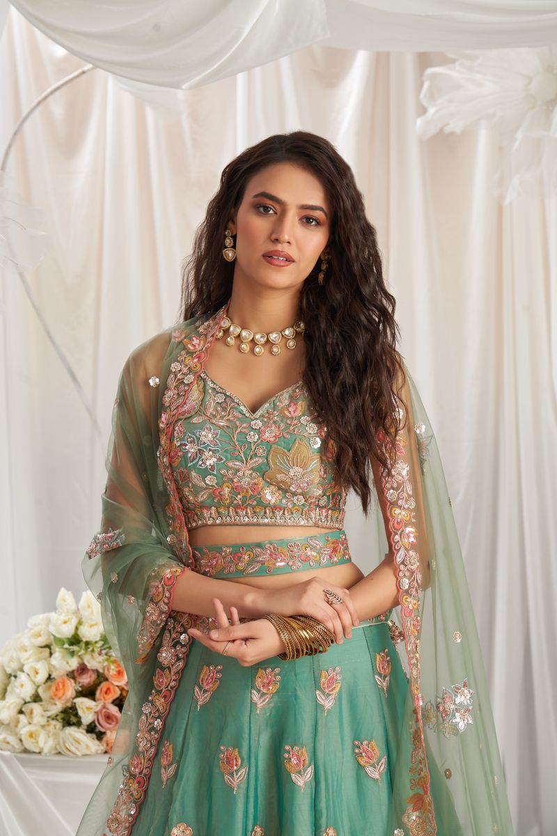  Semi-stitched lime green Organza Sequins embroidery Lehenga choli with elegant design and flattering silhouette