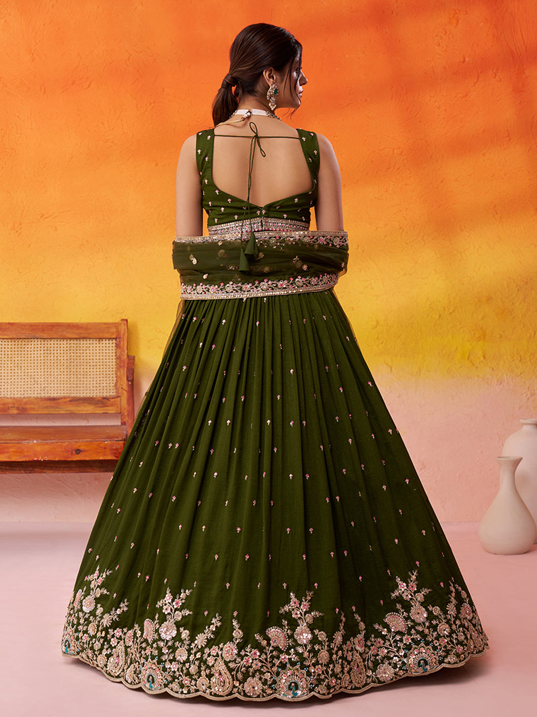OLIVE - Georgette Fabric Sequins Thread & Embroidery Lehenga & Unstitched Blouse With Dupatta