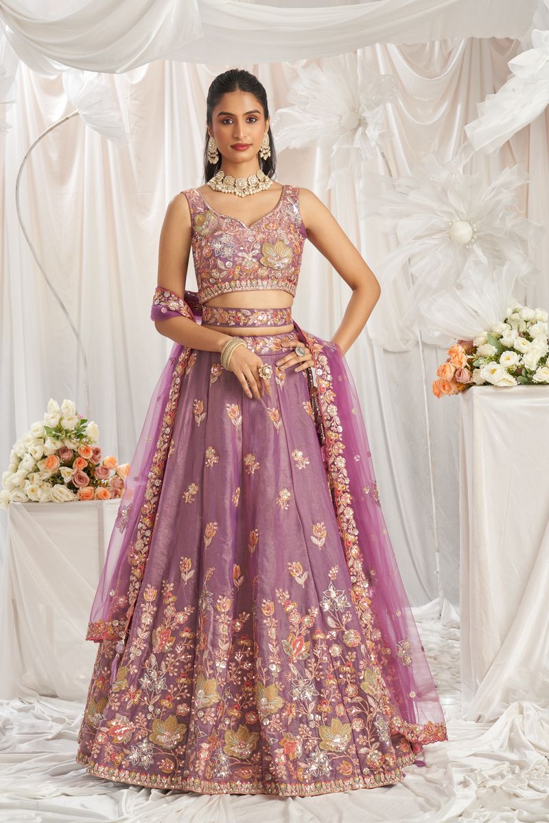 Beautiful lavender organza lehenga choli with intricate sequins embroidery