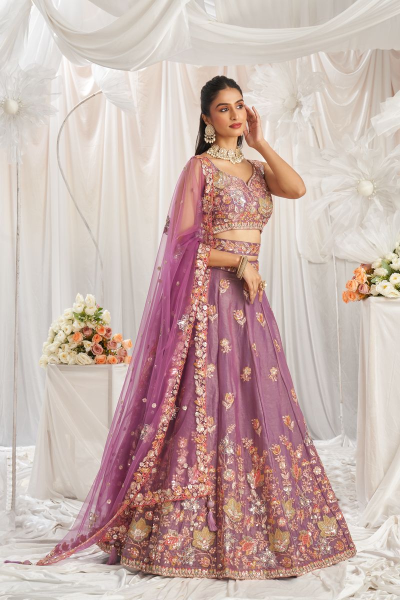  Beautiful Lavender Organza Sequins embroidery Semi-Stitched Lehenga choli & Dupatta with elegant and delicate embellishments