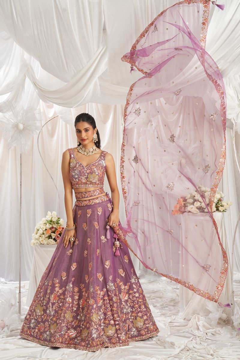 Lavender organza lehenga choli with sequins embroidery perfect for special occasions