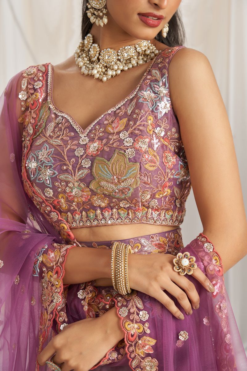  Gorgeous Lavender Organza Sequins embroidery Semi-Stitched Lehenga choli & Dupatta with stunning embroidery and sequin details