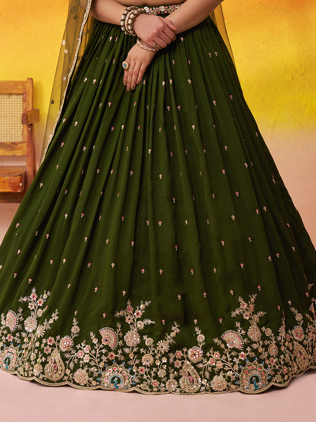OLIVE - Georgette Fabric Sequins Thread & Embroidery Lehenga & Unstitched Blouse With Dupatta