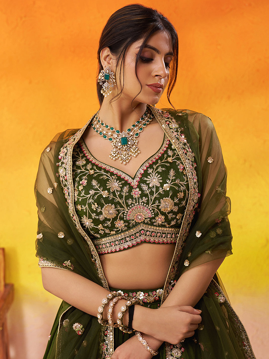 OLIVE - Georgette Fabric Sequins Thread & Embroidery Lehenga & Unstitched Blouse With Dupatta