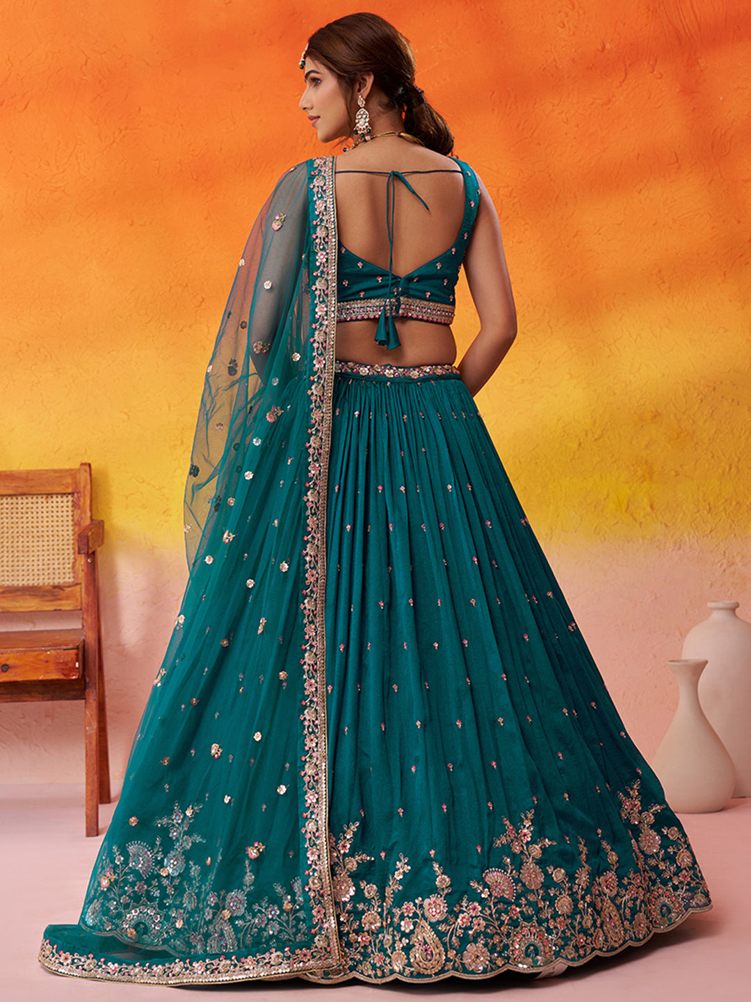 TEAL - Georgette Fabric Sequins Thread & Embroidery Lehenga & Unstitched Blouse With Dupatta