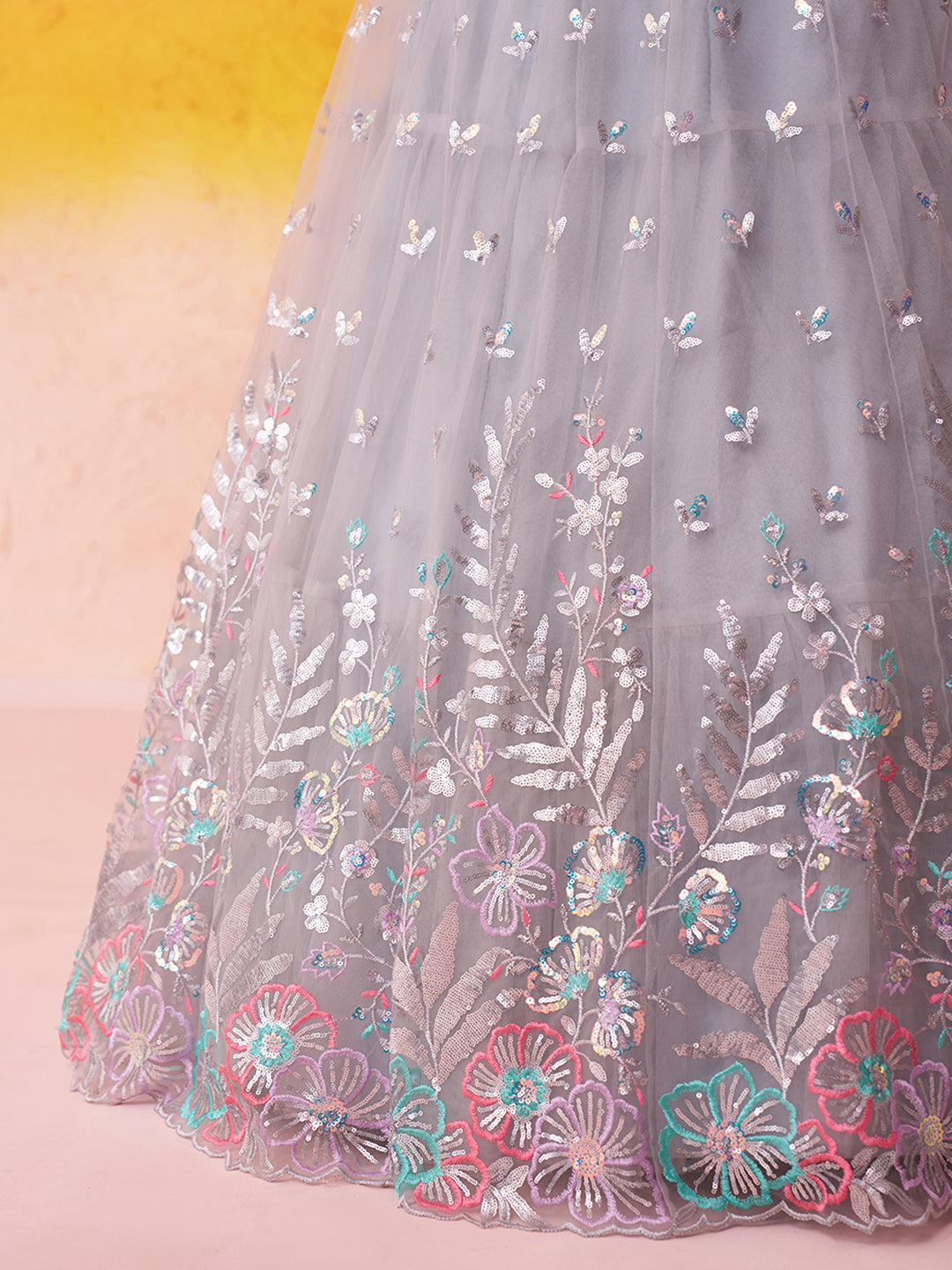 GREY - Net Fabric Sequins Thread & Embroidery Semi-Stitched Lehenga & Unstitched Blouse With Dupatta