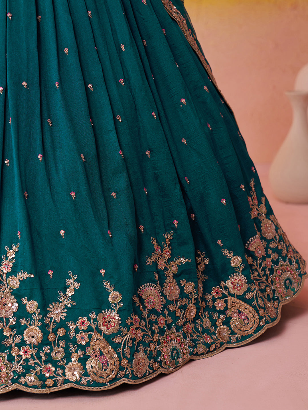 TEAL - Georgette Fabric Sequins Thread & Embroidery Lehenga & Unstitched Blouse With Dupatta