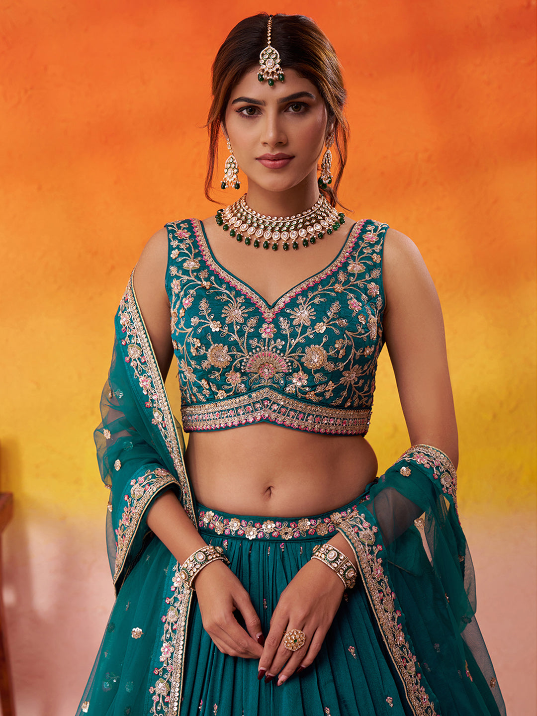 TEAL - Georgette Fabric Sequins Thread & Embroidery Lehenga & Unstitched Blouse With Dupatta