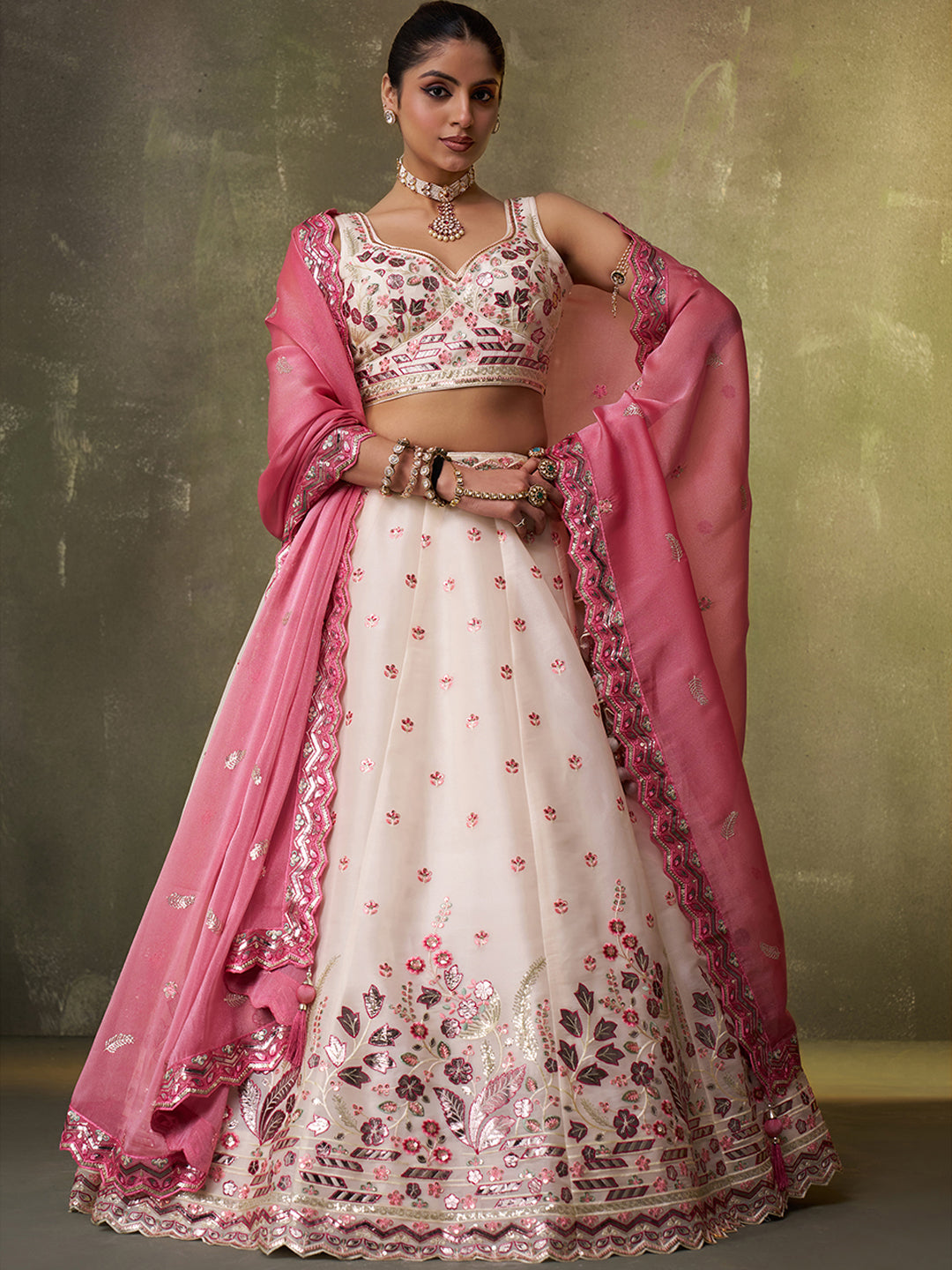 CREAM - Organza Fabric Sequins & Embroidery Lehenga & Unstitched Blouse With Dupatta