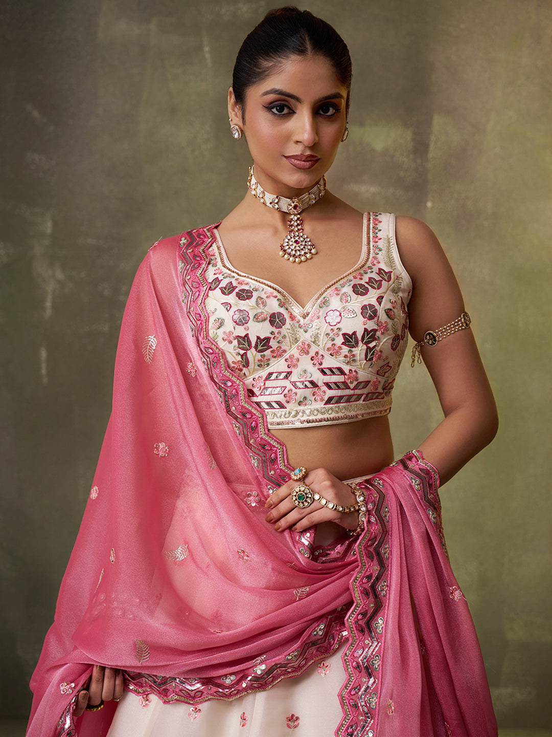 CREAM - Organza Fabric Sequins & Embroidery Lehenga & Unstitched Blouse With Dupatta