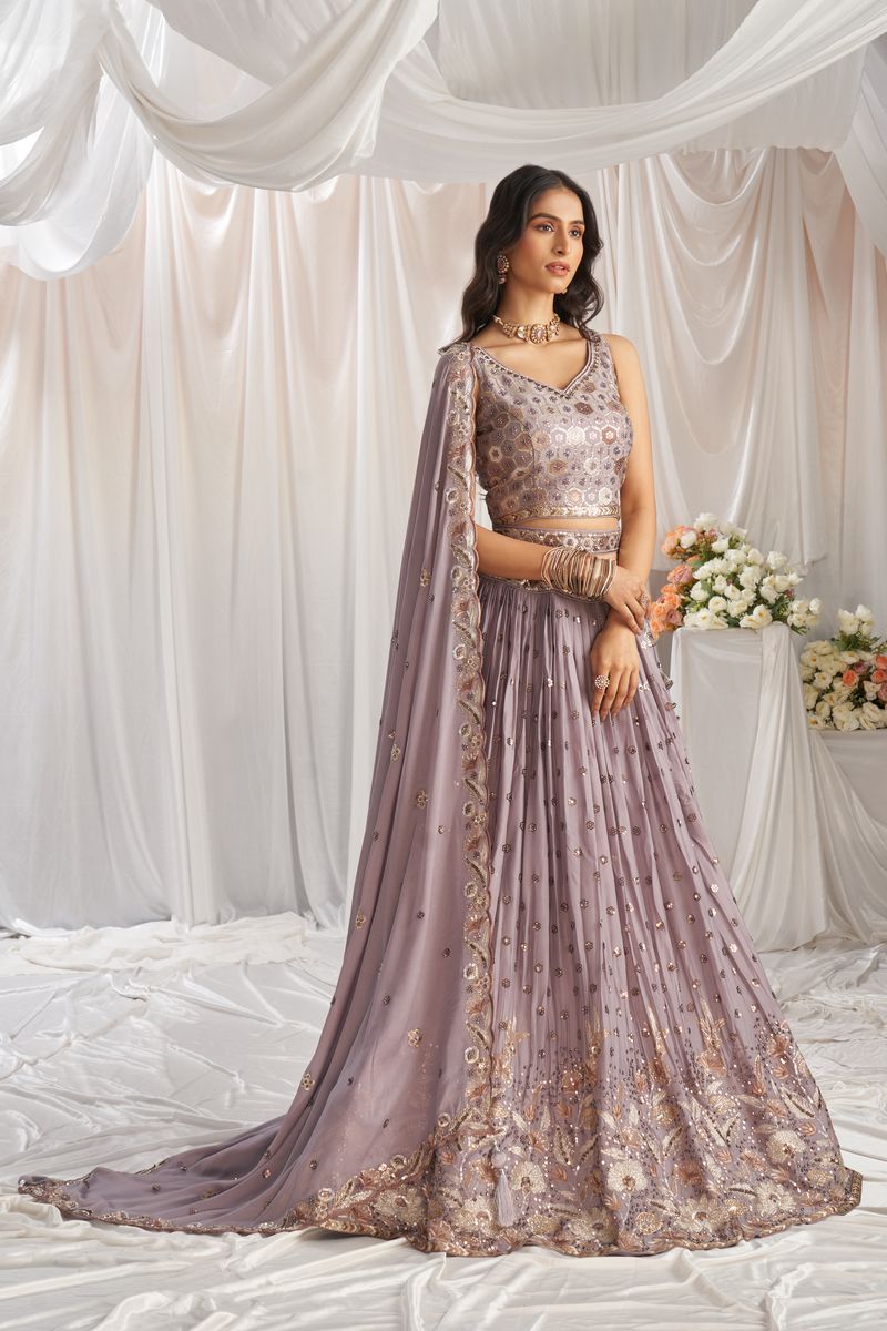 Semi-stitched lehenga choli in a beautiful shade of mauve with sequin work