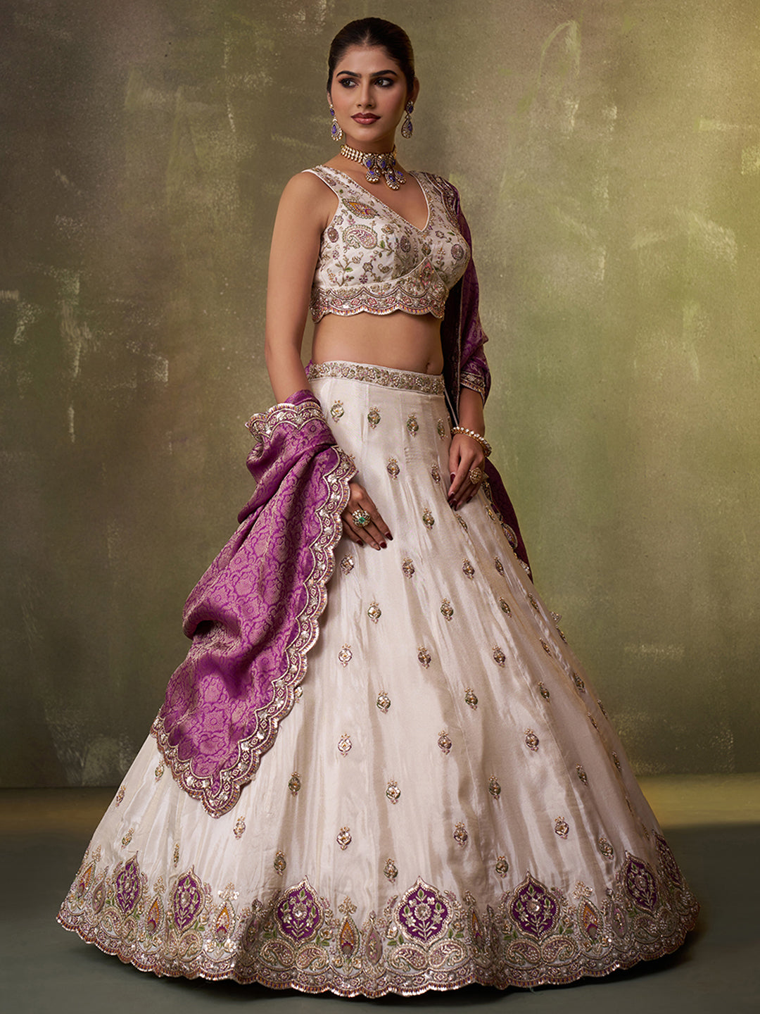 PURPLE - Tissue Fabric Sequins Thread & Embroidery Lehenga & Unstitched Blouse With Dupatta